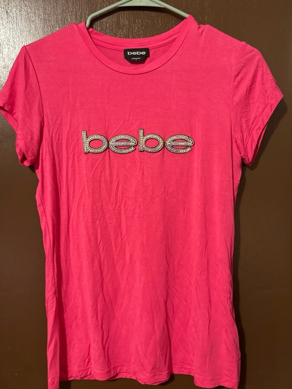 bebe Hot Pink Crystal Logo Short Sleeve Tee